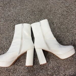 White Platform Block Heel Ankle Boots with Side Zip